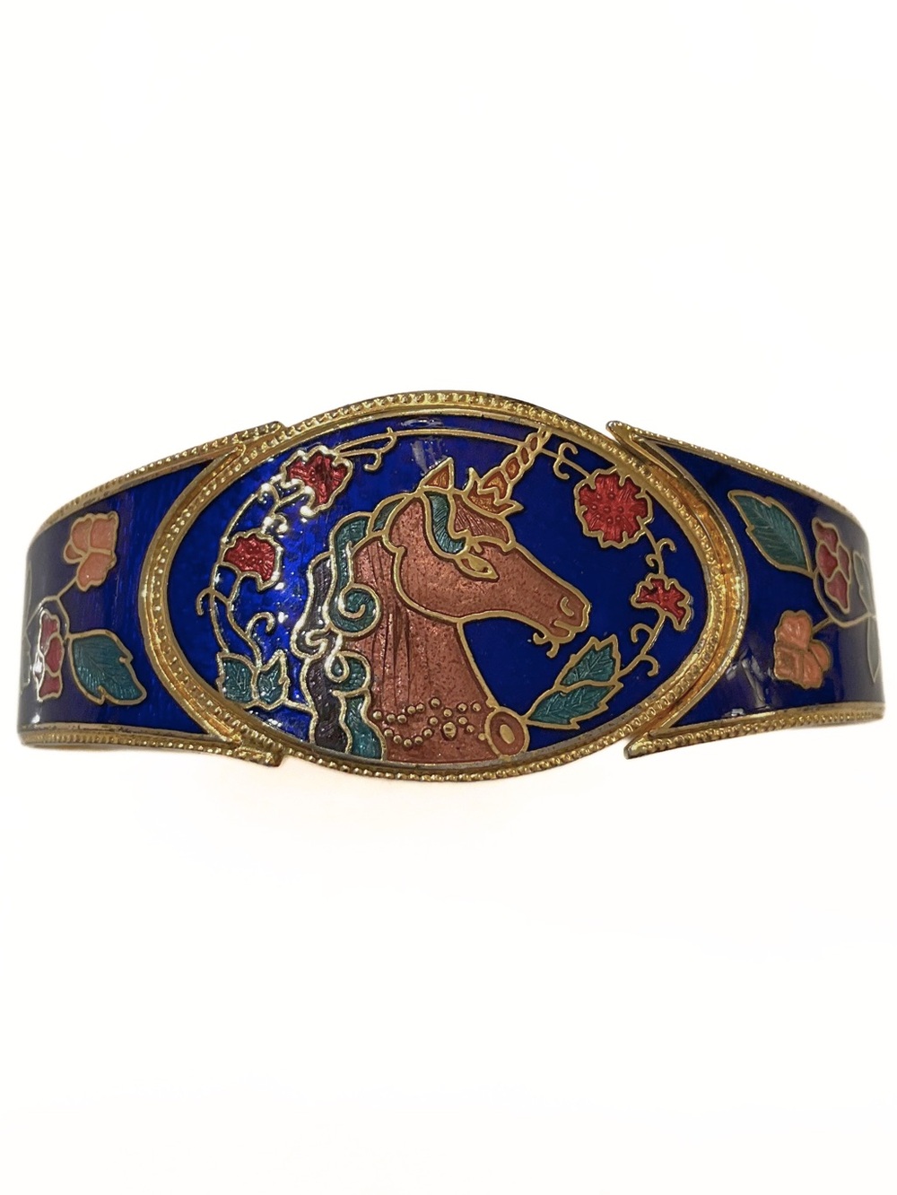 Vintage Gold Tone Unicorn Floral Cloisonné Hingled Cuff Bangle Electric Boho